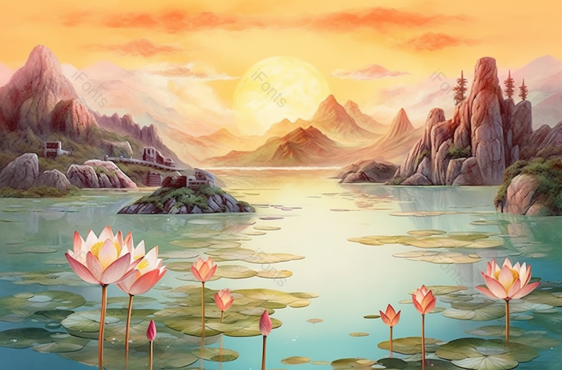 中国水墨风彩色画群山中的莲花池,插画/手绘图,插画/手绘图库,插画/手绘图下载,插画/手绘